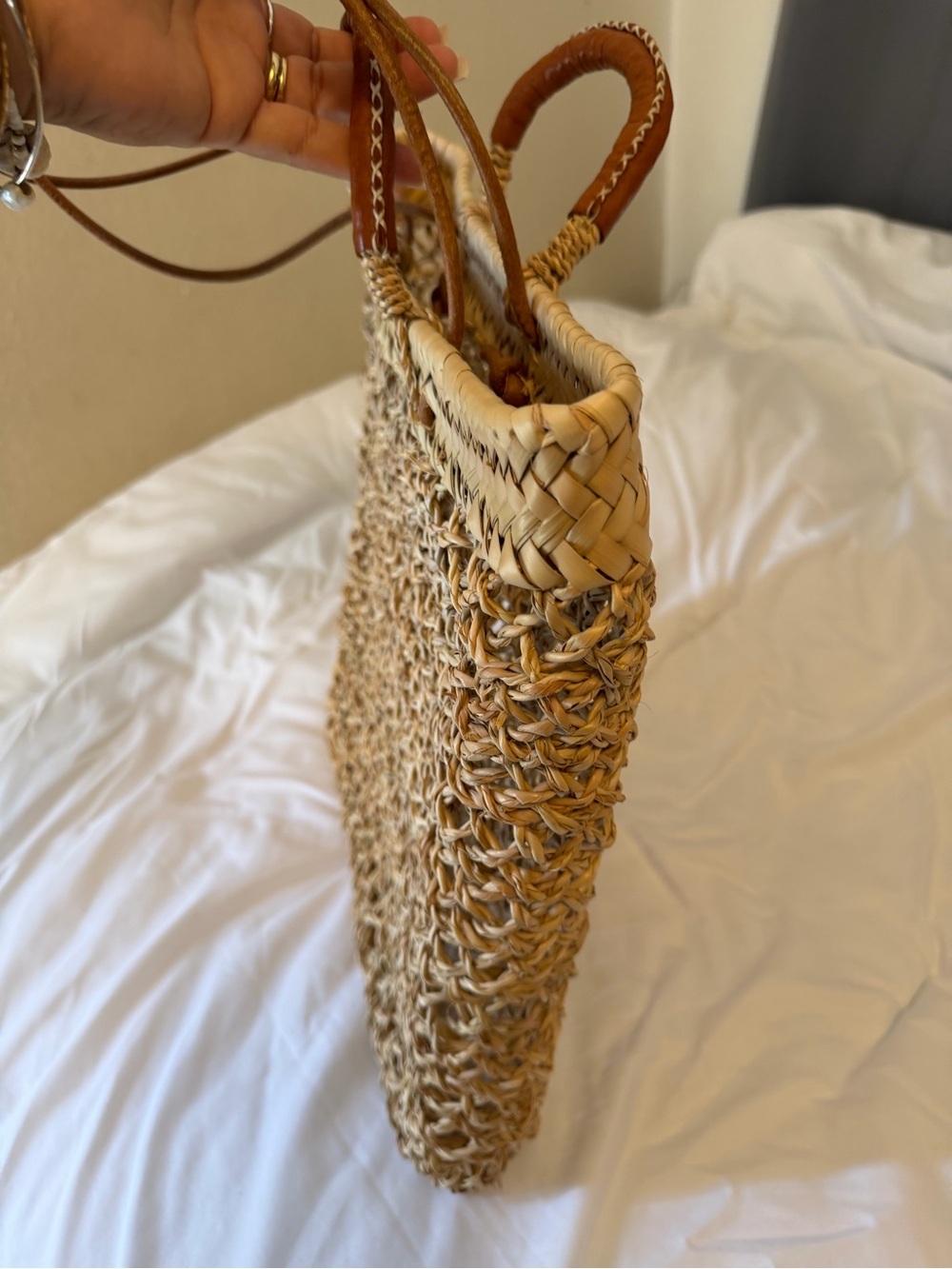 Woven Straw Tote with Brown Leather-Wrapped Handles - Picture 7 of 12